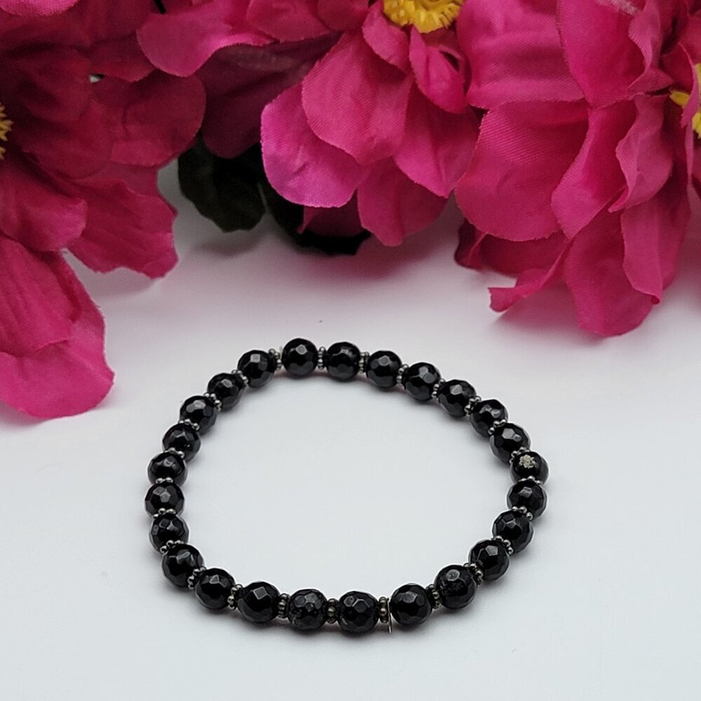 925 Sterling Silver Black Faceted Spinel Stretch Bracelet 6.5" Adj. Signed India